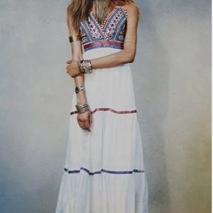 Free People Beaded White Maxi Dress Tiered Bohemian size 0